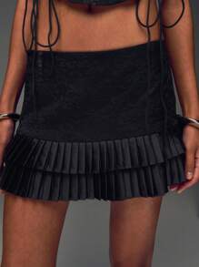 TypaGal Lace Paneled Double Layer Satin Pleated Mini Skirt - Black - View 1