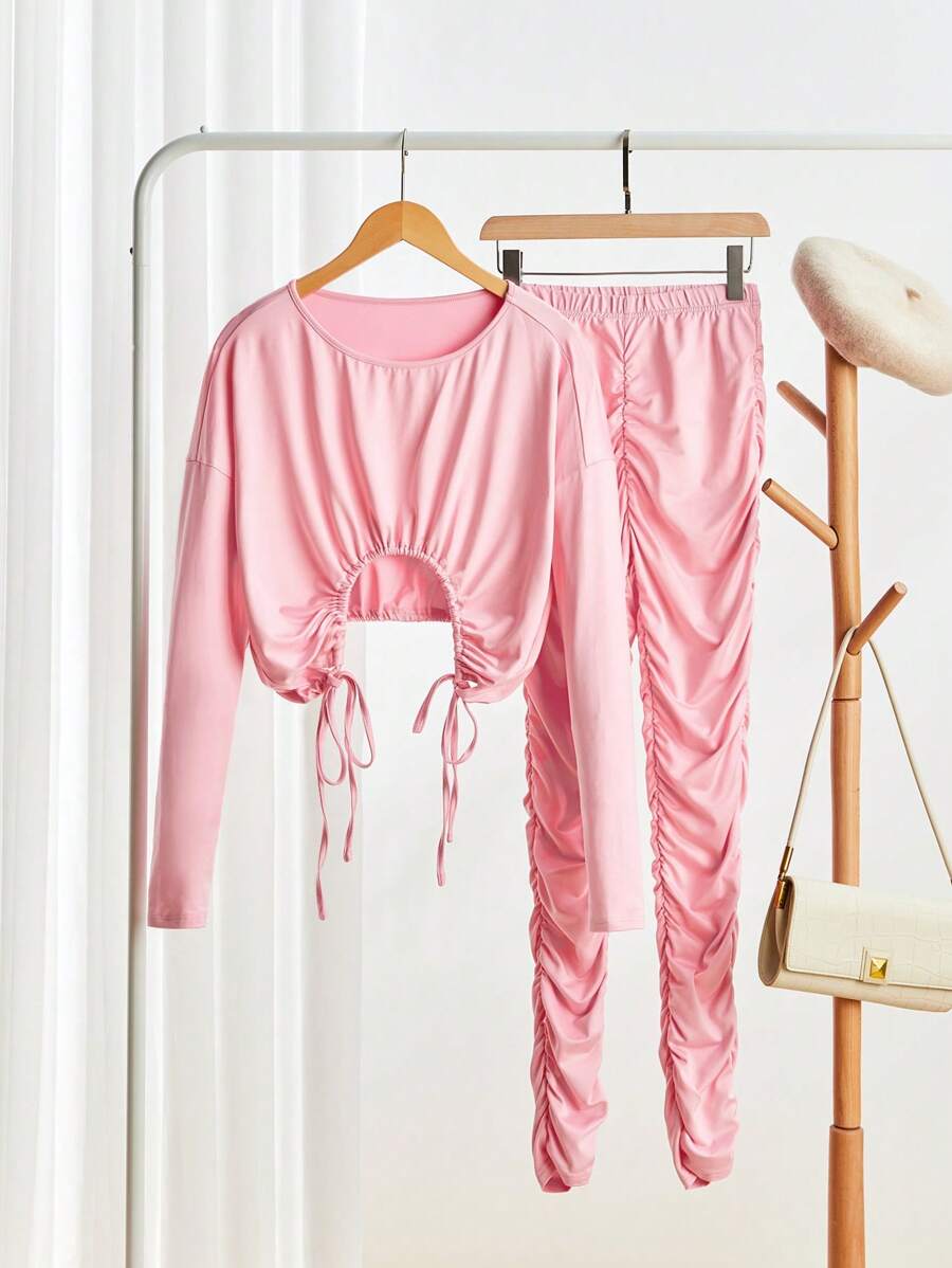 SHEIN Essnce 2pcs Women Autumn Solid Color Drop Shoulder Long Sleeve Drawstring Hem Top And Pleated Loose Pants Casual Set - Pink - View 1