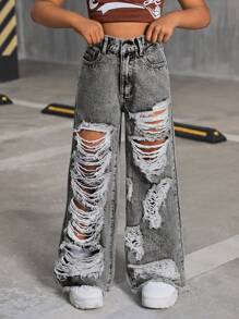 SHEIN Tween Girl Y2K Fashion Vintage Stonewashed Ripped Raw Hem Baggy Wide Leg Jeans, Girls Summer Clothes Back To School Streetwear Outfits