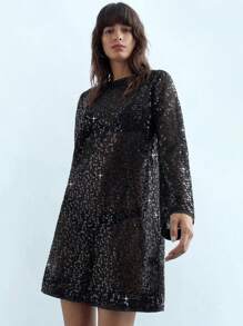 Maija Đầm mini cổ đứng chắp vá đính sequin cho nữ dài tay - màu đen - Xem 4