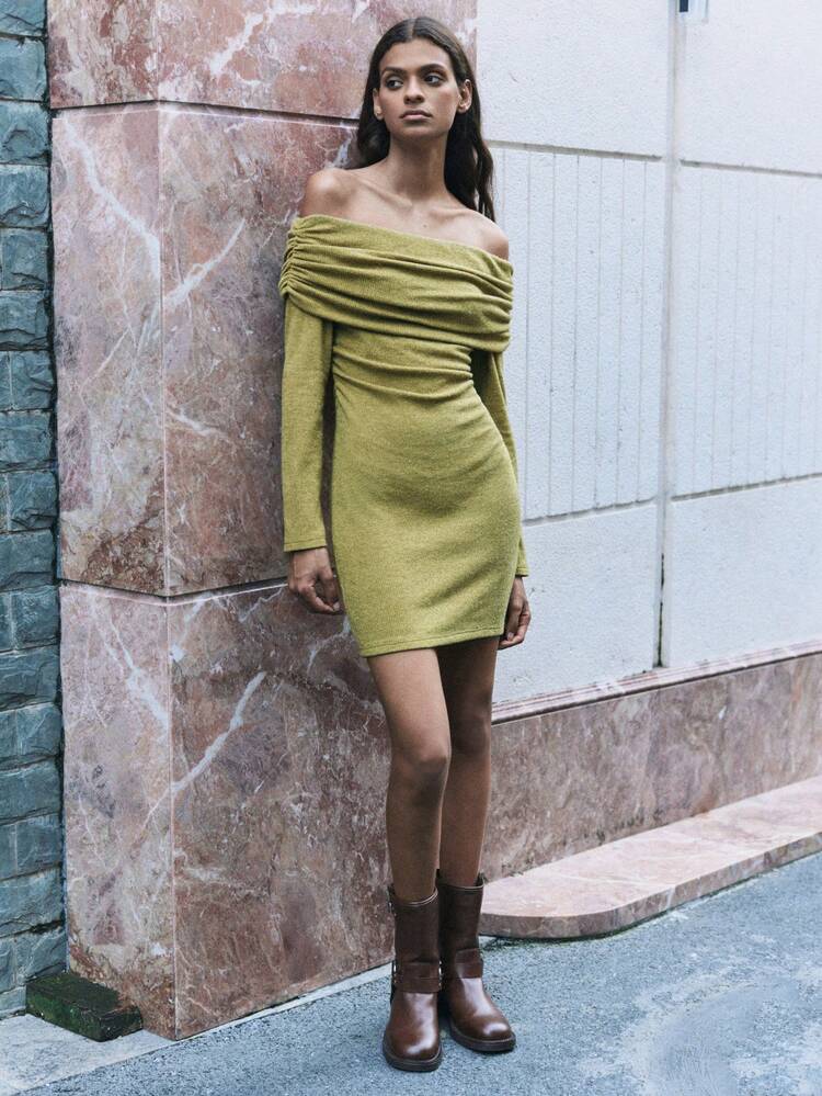 SHEIN Maija レディース 秋 無地 グリーン オフショルダー 長袖 ボディコン エレガント ミニ ニットドレス