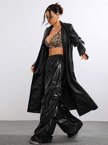 Coolane 女款秋季 Y2K 抽绳高腰阔腿全息效果工装裤 - 黑色 - 查看 6