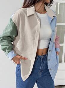 SHEIN EZwear 拼色落肩字母拼布灯芯绒大衣 - 杏色 - 查看 6