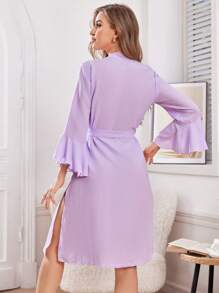 Women's Elegant Minimalist Solid Bell Sleeve Robe, Autumn - Purple - View 2