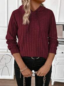 INAWLY Plus Size Women's Burgundy Hooded Wool Rib Fabric Casual Sports Long Sleeve Shirt, Soft Knit, Fall/Winter