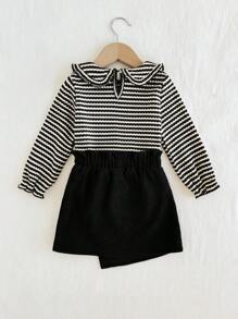 Cozy Pixies 2pcs Baby Girl Colorful Striped Ruffle Collar Long Sleeve Sweatshirt & Mini Skirt Set - Black and White - View 2