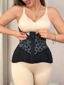 Áo nữ họa tiết da báo chắp vá phía trước có nút thắt kim loại có lỗ thắt lưng - màu đen - Xem 1