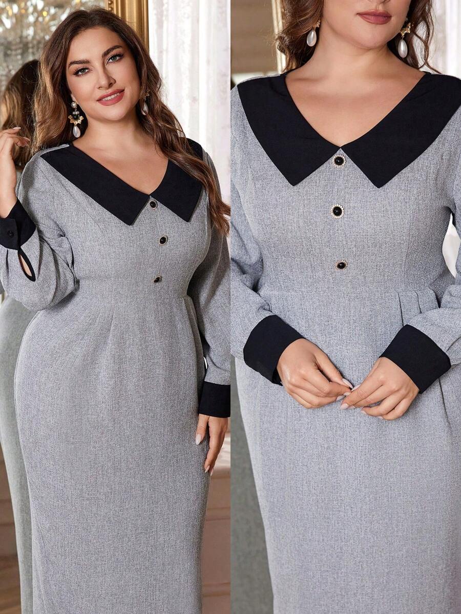 Modelyn Plus Size Elegant Color Block Waisted Dress For Spring & Autumn, Elegant Vintage Fitted Dresses, For Evening Party/Wedding Guest/Anniversary Maxi Women Outfit Long Evening Dresses