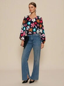 SHEIN Unity Blusa de Moda Solta com Manga Lanterna de Decote em V e Estampa Floral para Mulheres - Preto - Visão 4