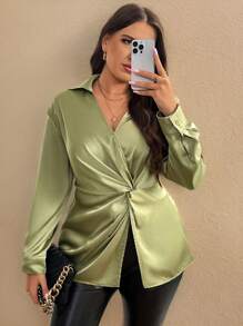 SHEIN Unity Plus Size Solid Satin Asymmetrical Twist Detail Blouse - Green - View 4