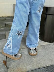 SHEIN Girls' New Five-Pointed Star Embroidered Straight Leg Wide Jeans Pants - Light Wash - View 7