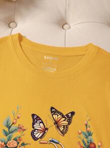 INAWLY Áo thun cổ tròn tay ngắn in hình xe đạp đơn giản, áo thun họa tiết thường ngày cho nữ - Màu Mù tạt vàng - Xem 3