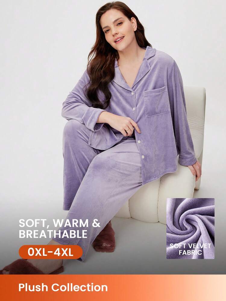 Women  Plus Winter Velour Button-Up Long PJ Set