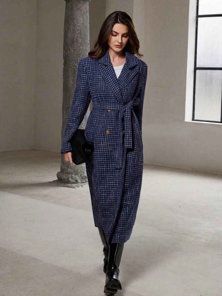 Aveloria Modichic 海军蓝格子奢华齐膝修身常规款女式秋冬季外套 - 藏蓝色 - 查看 1