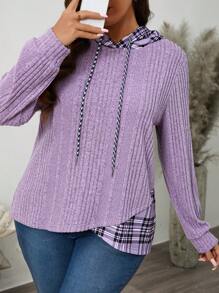 SHEIN LUNE Áo nỉ mềm mại, chất liệu vải chải mịn, họa tiết kẻ caro, viền phối màu, cỡ lớn, thích hợp cho mùa đông, thu. - Màu tím - Xem 1