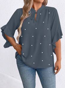 Plus Size Autumn Casual Beaded Ruffle Trim Blouse - Blue - View 3