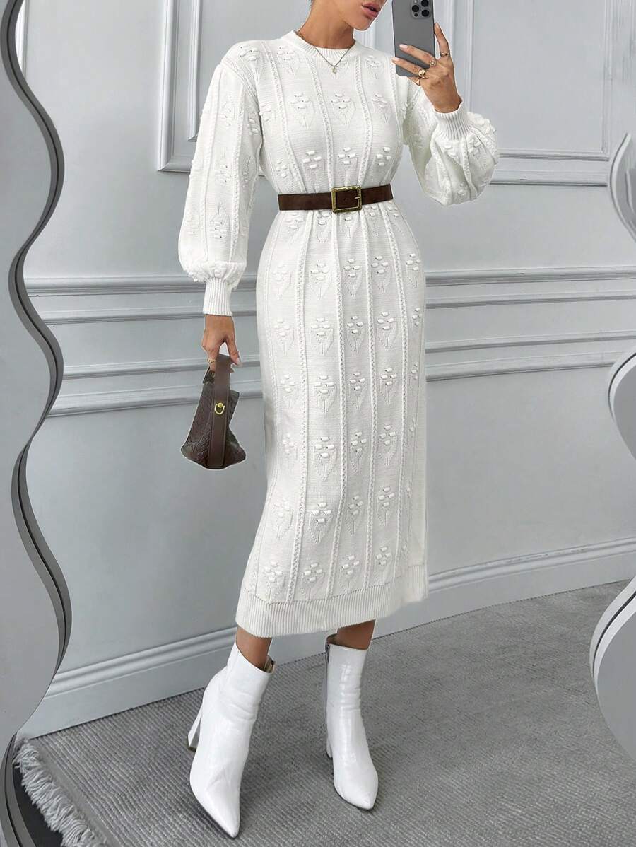 EURMUSE Sukienka sweterkowa z długim rękawem i kwiatowym wzorem w kształcie kuli dla kobiet, jesień/zima - Biały - Zobacz 1