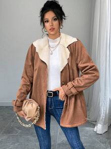 Chiquease 撞色拼布口袋纽扣羊毛厚夹克 - 棕色 - 查看 3