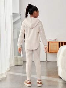 Hanevo 2件套少女罗纹连帽不对称下摆T恤配修身打底裤套装 - 杏色 - 查看 3