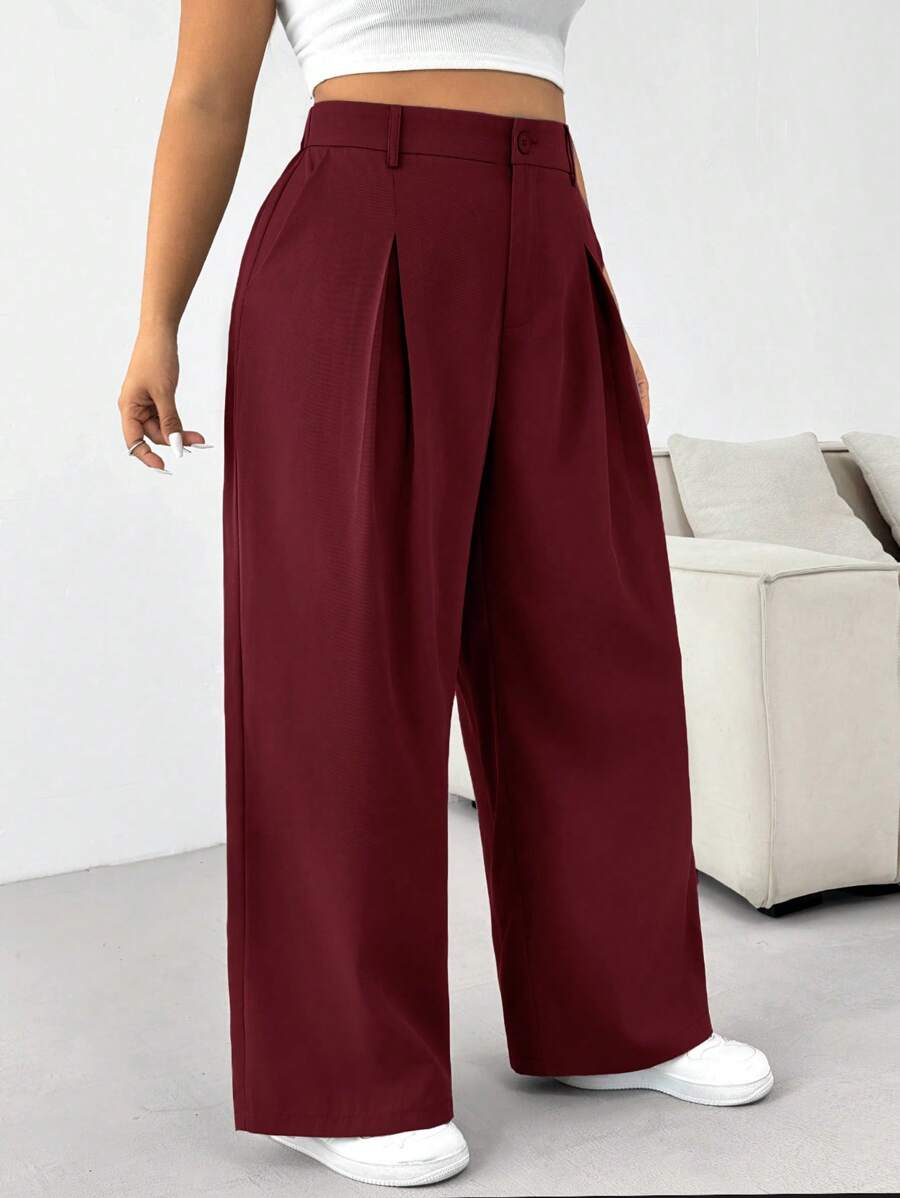 SHEIN EZwear Pantalones rectos de pierna recta y plisados de color liso para uso diario, talla grande, otoño - Burdeos - Ver 1