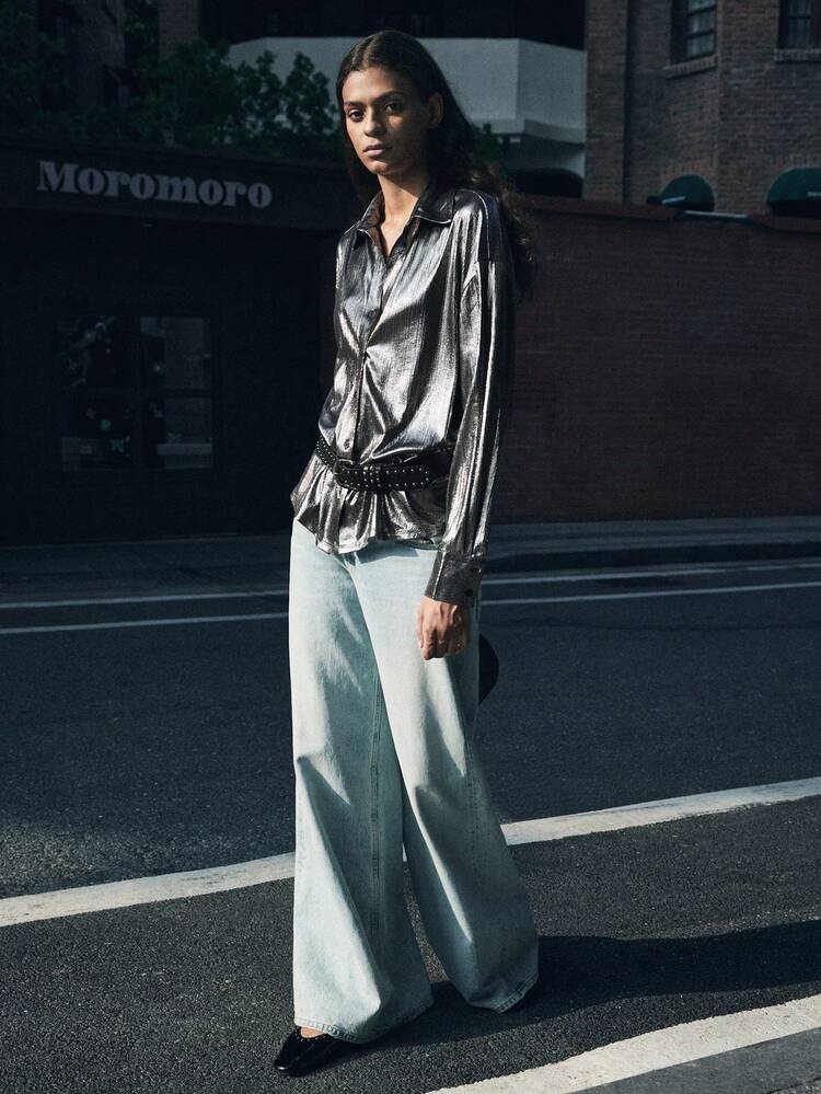 SHEIN Maija Women Fashion Metal Button Long Sleeve Casual Street Style Charm Blouse