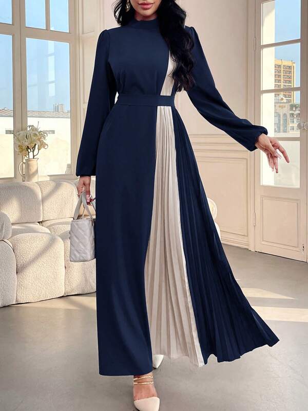 Al Najma Vestido feminino de gola alta, manga longa, cor sólida, emenda simples, longo, maxi abaya, modesto, estilo elegante para festas noturnas/convidados de casamento, vestidos árabes de comprimento máximo