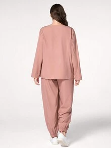 SHEIN TaskFit Bộ đồng phục quần dài tay màu trơn cỡ lớn - Hồng - Xem 2