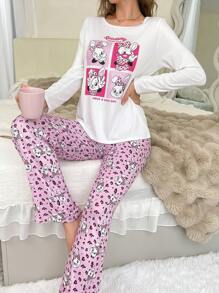卡通兔子印花长袖睡衣套装，秋冬服装