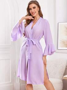 Women's Elegant Minimalist Solid Bell Sleeve Robe, Autumn - Purple - View 6