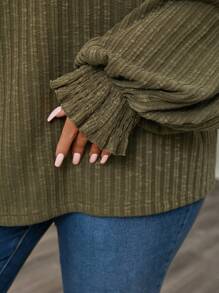 SHEIN LUNE Plus Size Loose Solid Color Round Neck Drop Shoulder Long Sleeve T-Shirt, Autumn Plus Size Fall Clothes - Army Green - View 6