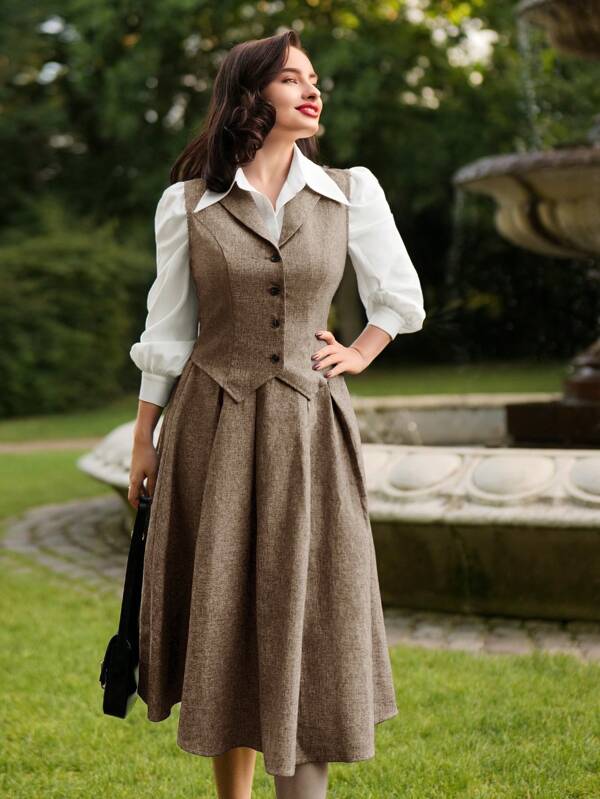 Vintamour Vintage College Style Women's 2pcs Grey Vest & Skirt Suit With Lapel Collar Fall Women Clothes Two Pieces Outfits Vest Set Back To School Business Casual Women Outfits Vest Set Office Wear Preppy Women's Clothing Winter Women Clothes Office Wear Women Set Thanksgiving Women Outfit Fall Clothes Two Pieces Fall Outfits Women Skirt Set Women Suit Set Dresses For Women Elegant