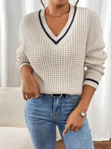 SHEIN Frenchy Suéter holgado de manga larga con cuello en V a rayas para mujer, para el otoño - Albaricoque - Ver 5