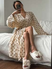 DAZY Áo choàng thắt eo in hình trái tim dáng rộng cho nữ - Cà phê nâu - Xem 4