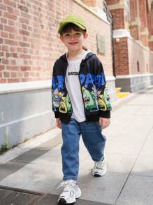 SHEIN 1 件装年轻男孩休闲简约可爱怪物与字母图案连帽夹克，适合秋冬季日常、上学、外出