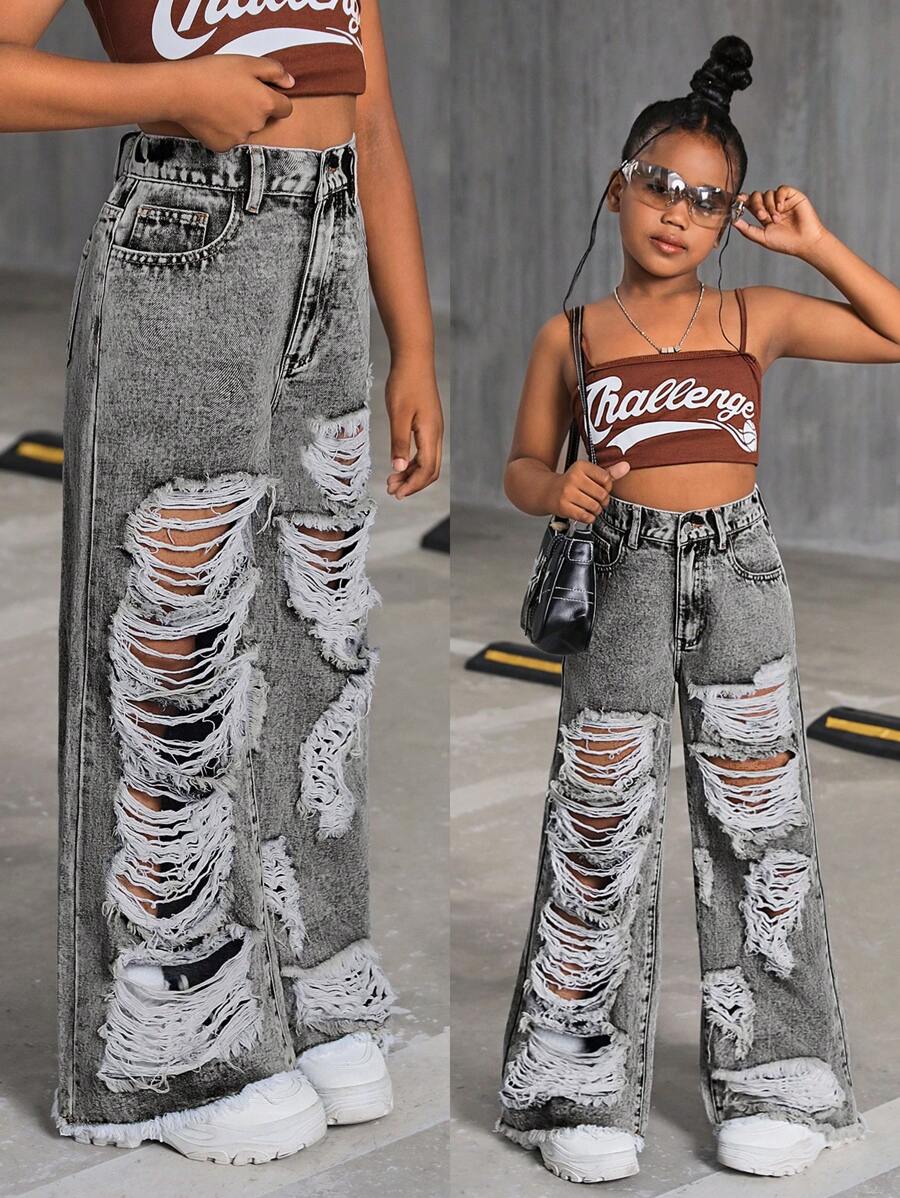 SHEIN Tween Girl Y2K Fashion Vintage Stonewashed Ripped Raw Hem Baggy Wide Leg Jeans, Girls Summer Clothes Back To School Streetwear Outfits