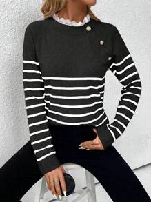 Chiquease 长袖条纹装饰纽扣休闲毛衣，秋冬针织套头衫 - 黑與白 - 查看 4