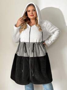 SHEIN CURVE+ Áo khoác lông trùm đầu tay dài chắp vá cỡ lớn có túi cho nữ, mùa thu/đông - Nhiều màu - Xem 5