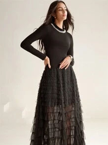 Anewsta Women's Elegant Rhinestone Decor Mesh Layered Ruffle Hem Dress