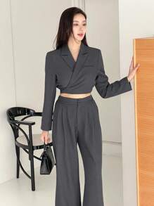 DAZY 2pcs Solid Color Short Blazer And Wide-Leg Pants Women's Suit Set