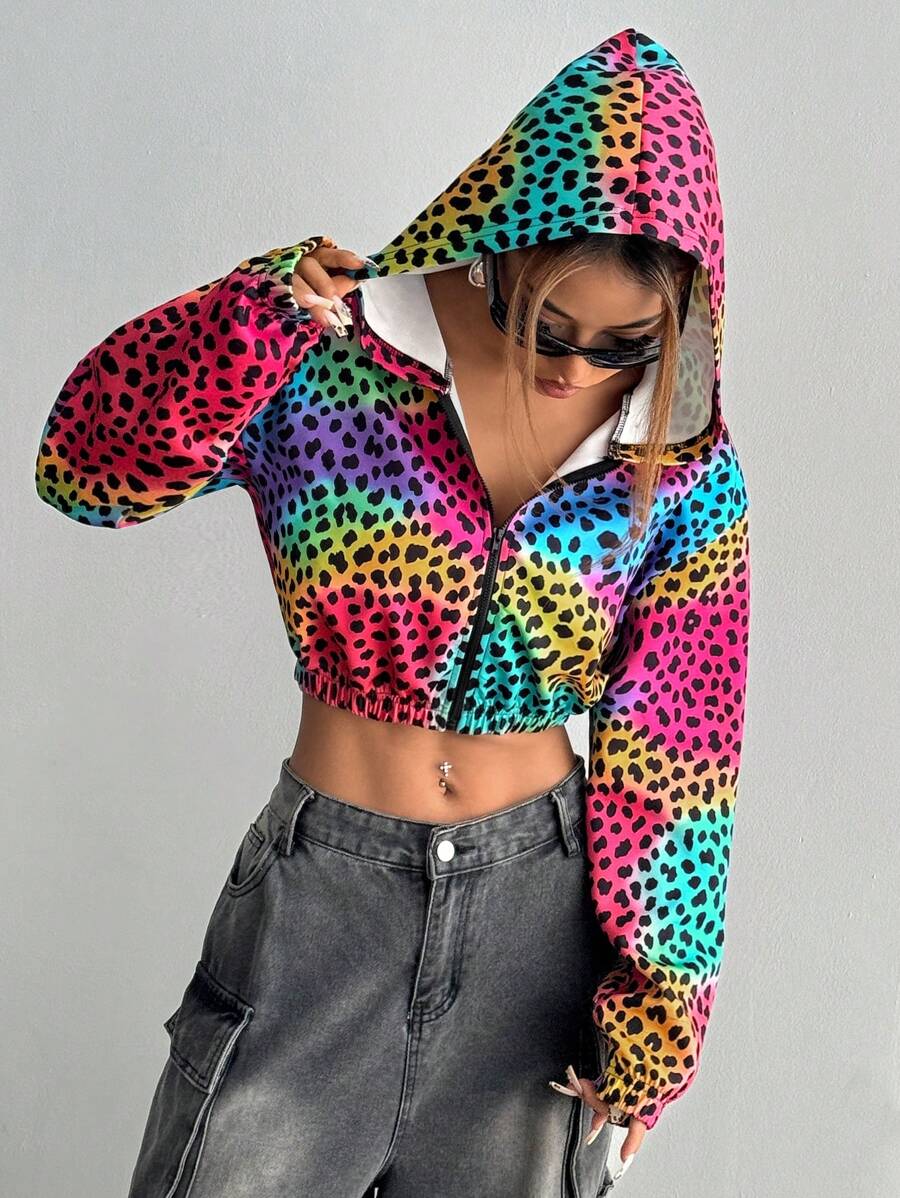 StreetHx 女式渐变色豹纹短款拉链夹克 - 粉色 - 查看 1