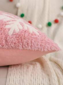 1pc Snowflake Embroidered Plush Cushion Cover, Christmas Decoration, Autumn/Winter - Pink - View 3