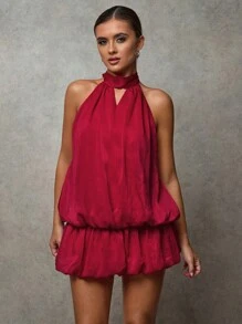 SHEIN BAE Women's Wine Red Summer Elegant Night Out Chiffon Gathered Backless Balloon Bud Skirt Culottes Halter Neck Fashion Mini Dress Cocktail Party - Apricot - View 4