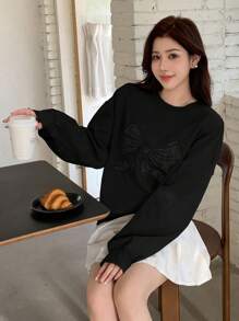 DAZY Women Casual Lace Bow Embroidery Drop Shoulder Loose Sweatshirt Spring Autumn,Long Sleeve Tops,Back To School Clothes,Fall Women Clothes - Black - View 3