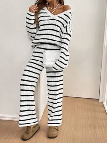 SHEIN Frenchy 2pcs Women's Casual Striped V-Neck Long Sleeve Sweater And Knitted Pants Set, Autumn Winter - Multicolor - View 3