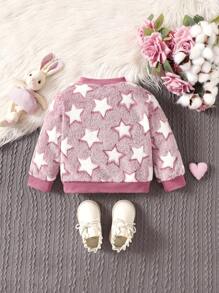 Baby Girl Star Pattern Fleece Warm Long Sleeve Bomber Jacket - Pink - View 2