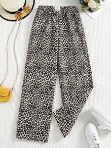 SHEIN 1 件 Tween Girl 豹纹阔腿休闲裤，秋冬 - 彩色 - 查看 1