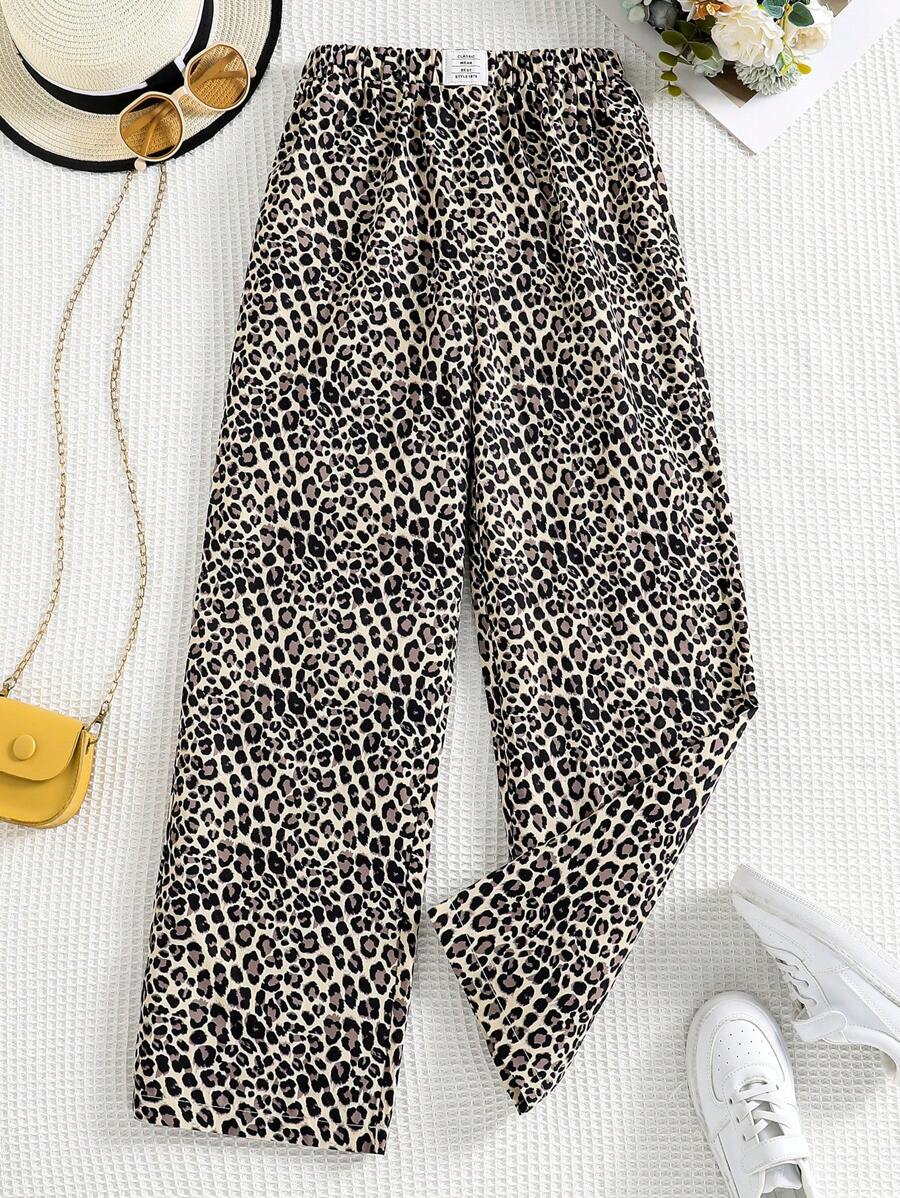 SHEIN 1 件 Tween Girl 豹纹阔腿休闲裤，秋冬 - 彩色 - 查看 1