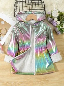1pc Hooded Color-Changing Fuzzy Casual Zipper Front Cardigan For Young Girl