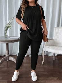 SHEIN LUNE 2pcs Plus Size Ribbed Short Sleeve Top & Casual Pants Set - Black - View 6