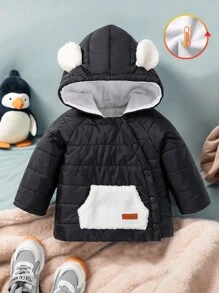 SHEIN Áo khoác lông cừu trùm đầu cho bé trai mùa thu đông 2024 mới thoải mái ấm áp dễ thương đơn giản - màu đen - Xem 3